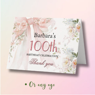 Carte De Remerciements Élégant Anniversaire 100 ans Fleurs Ruban Rose Aqu