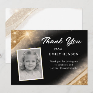 Carte De Remerciements Elegant Anniversaire Photo Or Noir Paillettes