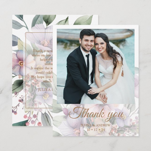 Carte De Remerciements Elégant aquarelle fleurie message photo mariage (Devant / Derrière)