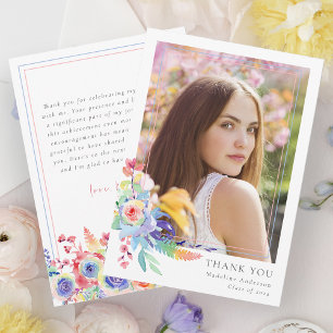Carte De Remerciements Elégant aquarelle Floral Photo Graduation