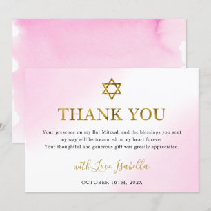 Carte De Remerciements Elégant Aquarelle Pastel Pink Gold Bat mitzvah