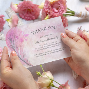 Carte De Remerciements Elégant Aquarelle Pink Feather Funeral Memorial