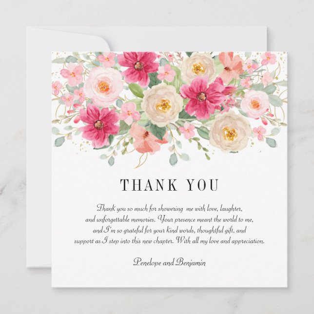 Carte De Remerciements Élégant aquarelle rose vif floral mariage (Devant)