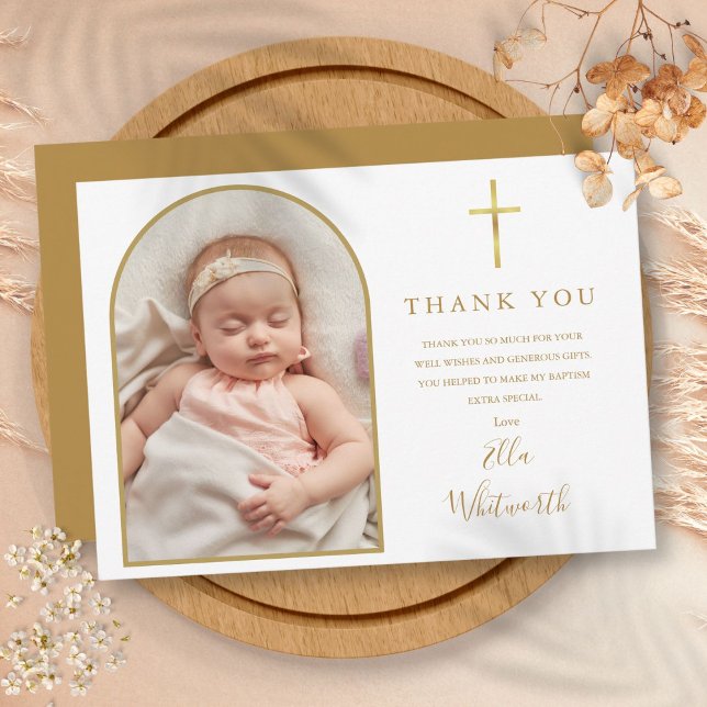 Carte De Remerciements Élégant Arc Or Photo Signature Script Baptême (Elegant Gold Arch Photo Signature Script Baptism Thank You Card)