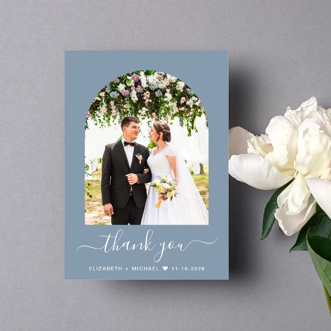 Carte De Remerciements Elégant Arc Photo Dusty Blue Mariage (Celebrate your love story with a thank you card showcasing your photo in an elegant arch frame)