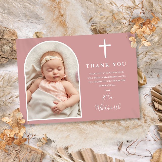 Carte De Remerciements Elégant Arc Photo Dusty Rose Pink Baptism (Elegant Arch Photo Dusty Rose Pink Baptism Thank You Card)