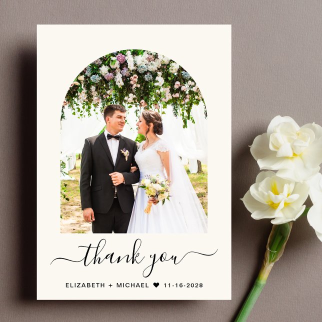 Carte De Remerciements Elegant Arch Photo Mariage (Celebrate your love story with a thank you card showcasing your photo in an elegant arch frame)