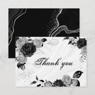 Carte De Remerciements élégant argent & fleurs noires botanique