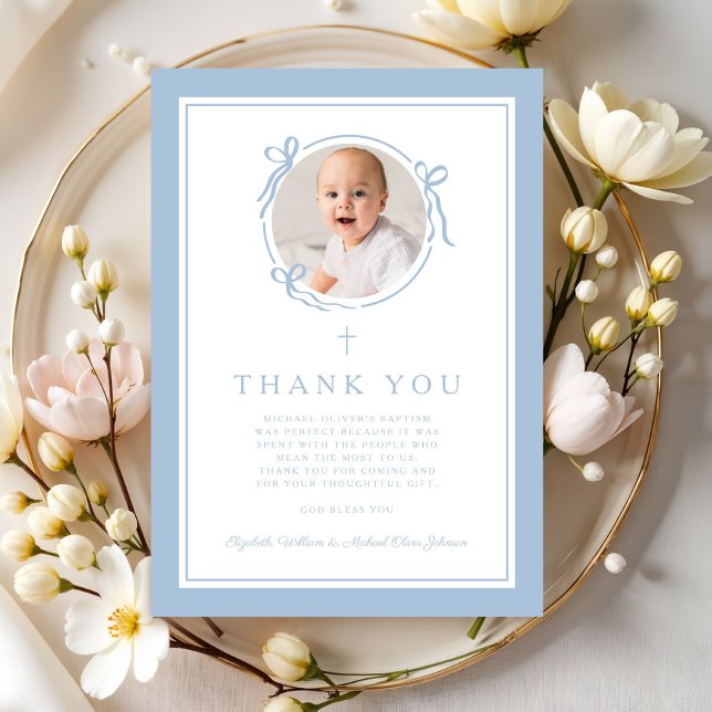 Carte De Remerciements Elegant Baby Blue Religious Baptism Photo (Elegant Baby Blue Religious Baptism Photo Thank You Card)