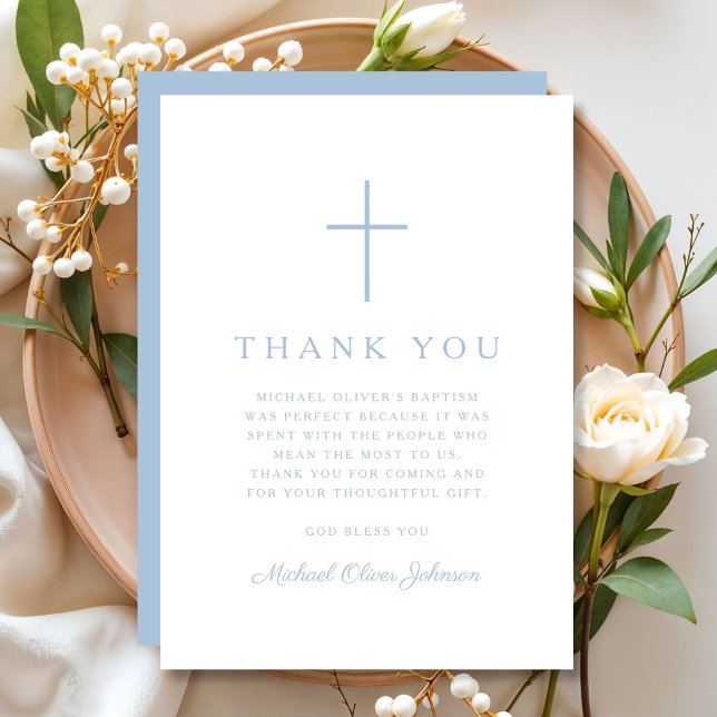 Carte De Remerciements Elegant Baby Blue Religious Cross Baptism (Elegant Baby Blue Religious Cross Baptism Thank You Card)