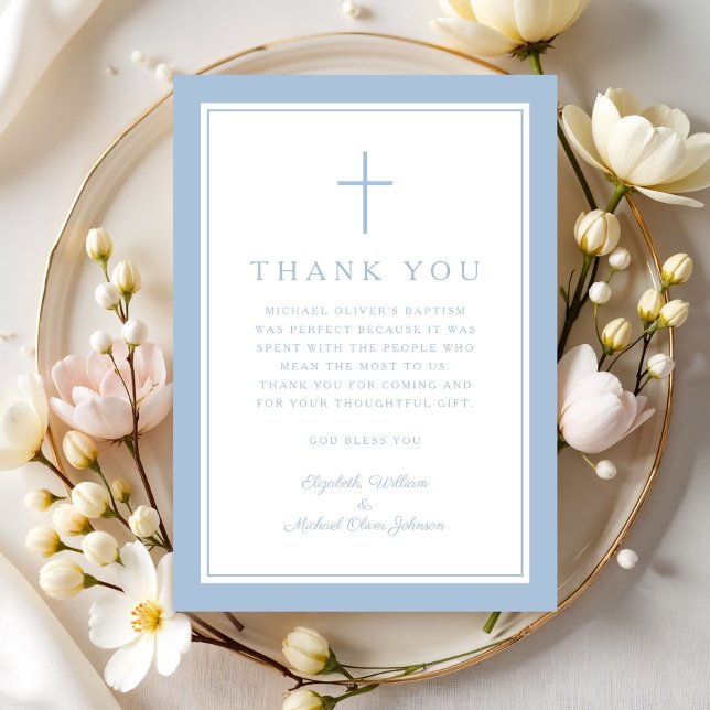 Carte De Remerciements Elegant Baby Blue Religious Cross Baptism (Elegant Baby Blue Religious Cross Baptism Thank You Card)