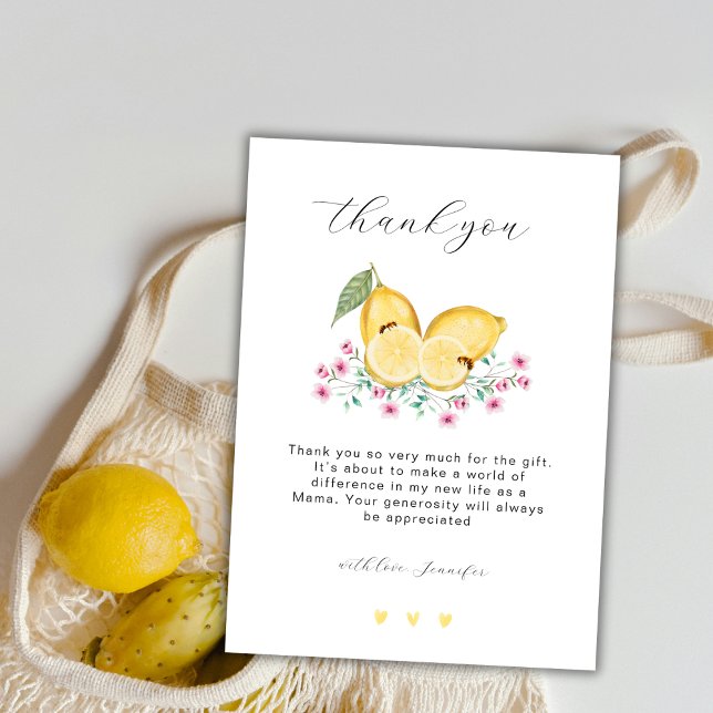 Carte De Remerciements Élégant Baby shower Citrus de Little Cutie Lemon (Elegant Little Cutie Lemon Citrus Baby Shower Thank You Card)