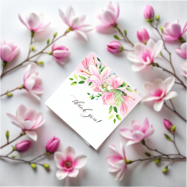 Carte De Remerciements Elégant Baby shower d'aquarelle rose Magnolia (Elegant Pink Magnolia Watercolor Baby Shower Thank You Card)