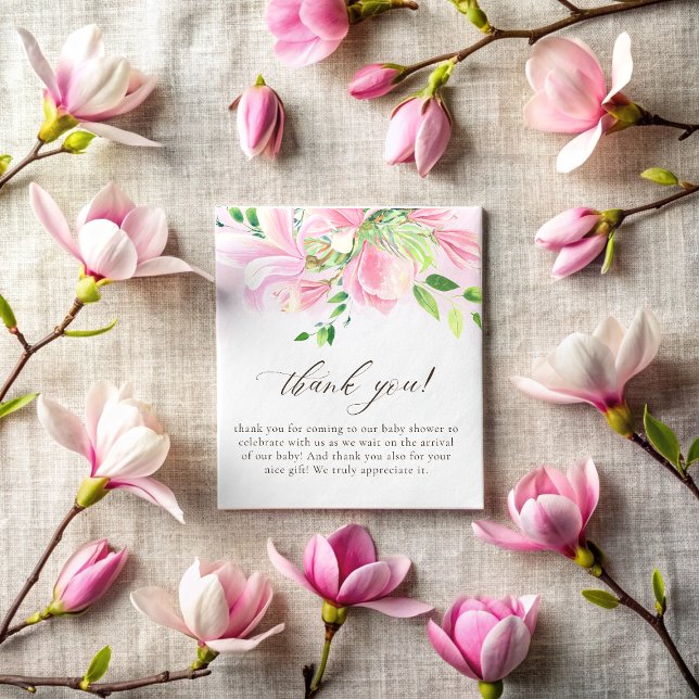Carte De Remerciements Elégant Baby shower d'aquarelle rose Magnolia (Elegant Pink Magnolia Watercolor Baby Shower Thank You Card)