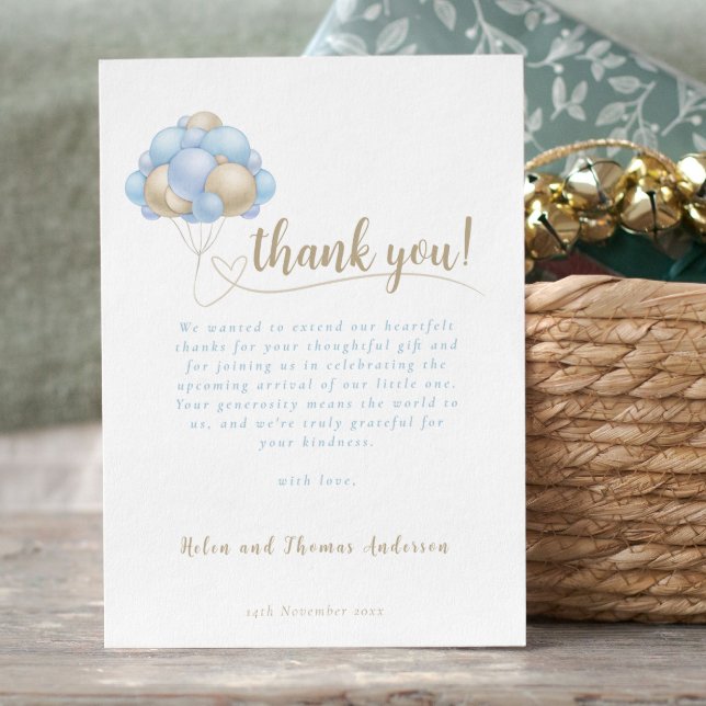Carte De Remerciements Elégant Baby shower de ballon bleu Boho (Elegant Boho Blue Balloon Baby Shower Thank You Card)
