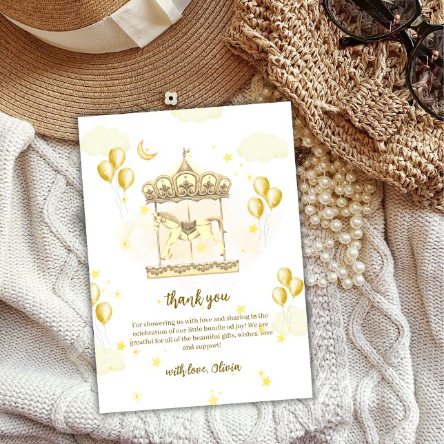 Carte De Remerciements Élégant Baby shower de carrousel magique en or (Elegant Gold Magical Balloon Carousel Baby Shower Thank You Card)