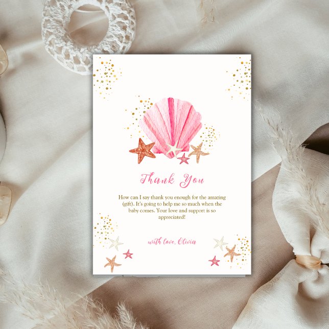 Carte De Remerciements Elégant Baby shower de coquillages d'été rose Star (Pink Elegant Summer Starfish Seashell Baby Shower Thank You Card)