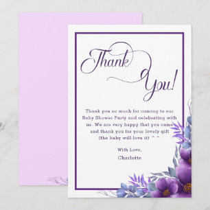 Carte De Remerciements Elégant Baby shower de fleurs violettes aquarelle