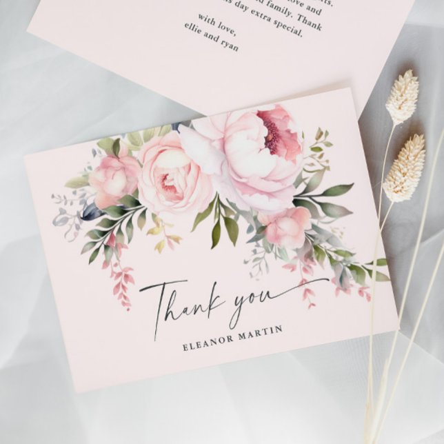 Carte De Remerciements Elégant Baby shower de jardin de fleurs roses vert (Elegant Pink Flowers Greenery Garden Baby Shower Thank You Card.)
