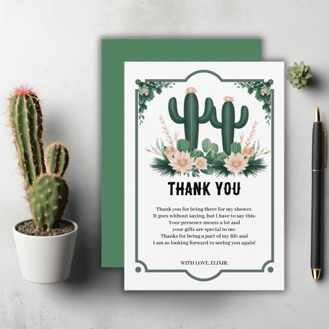 Carte De Remerciements Elégant Baby shower Floral Boho Moderne Cactus (Créateur téléchargé)
