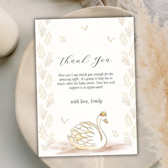 Carte De Remerciements Élégant Baby shower papillon de cygne princesse (Elegant Princess Swan Butterfly Baby Shower Thank You Card)