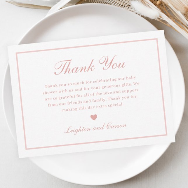 Carte De Remerciements Élégant Baby shower rose Script (Elegant Script Pink Baby Shower Thank You Card.)