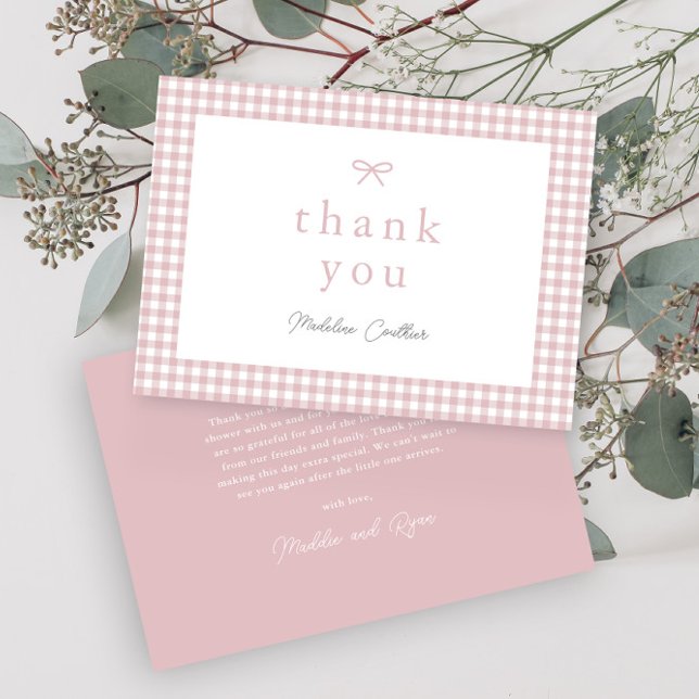 Carte De Remerciements Élégant Baby shower simple Dusty Rose Girls (Dusty pink bow gingham girls baby shower thank you cards.)