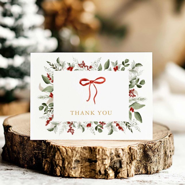 Carte De Remerciements Elégant Baby shower verdoyant et baies (Winter Greenery Baby Shower Thank you card)