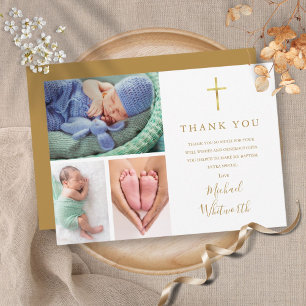 Carte De Remerciements Élégant baptême à 3 photos avec signature dorée