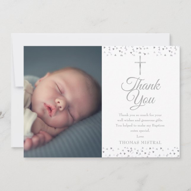 Carte De Remerciements Élégant Baptême Argent Coeurs Christening Photo (Devant)