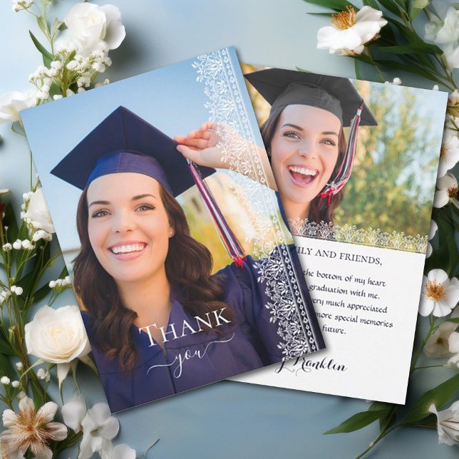 Carte De Remerciements Élégant Baroque Victorien Dentelle Photo (Elegant Victorian Baroque Lace Edged Graduation Thank You Card customizable with space for 2 photos.)