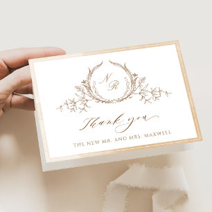 Carte De Remerciements Élégant Beige Monogrammé, Mariage Aquarelle