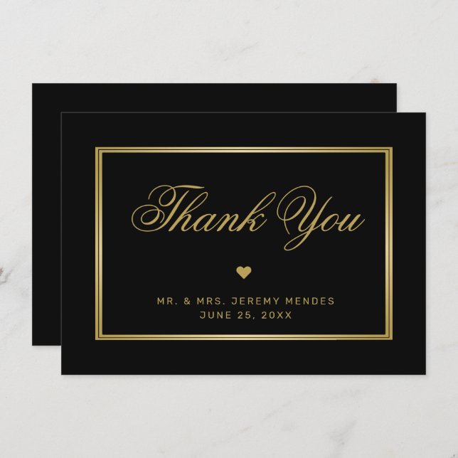 Carte De Remerciements Elégant Black Gold Calligraphy Heart Photo Mariage (Devant / Derrière)