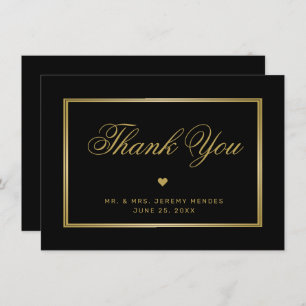 Carte De Remerciements Elégant Black Gold Calligraphy Heart Photo Mariage