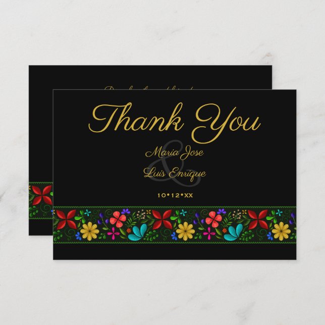 Carte De Remerciements Élégant Black Gold Latin Folk Floral Mariage (Devant / Derrière)