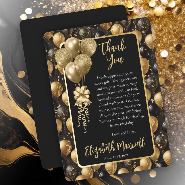 Carte De Remerciements Elégant Black Gold Parties scintillant Ballons Ann (Elegant Black Gold-Tone Faux Glitter Balloons Pattern Birthday Party Thank You Card)