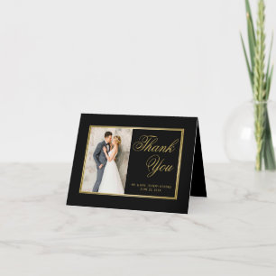 Carte De Remerciements Élégant Black Gold Script Mariage photo Coeur