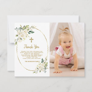 Carte De Remerciements Elégant Blanc Floral Gold Photo Girl Christening