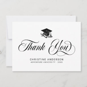 Carte De Remerciements Élégant blanc noir Script Grad Casquette Grad Grad