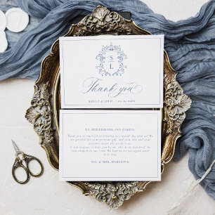 Carte De Remerciements Élégant Blason Baroque Monogramme Bleu Mariage