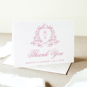 Carte De Remerciements Élégant blason floral rose monogramme de mariage