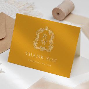 Carte De Remerciements Élégant blason monogramme jaune souci mariage