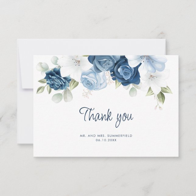 Carte De Remerciements Elégant bleu bleu bleu floral Eucalyptus Mariage (Devant)