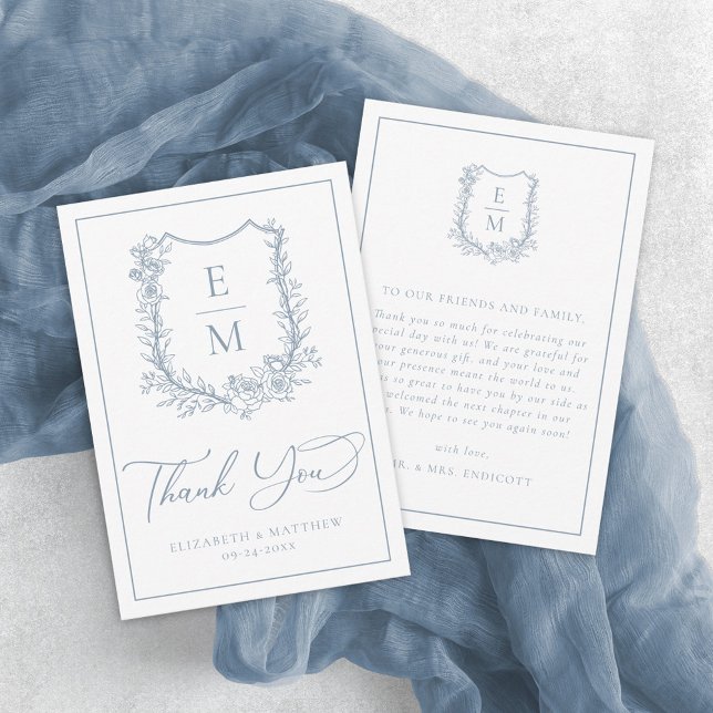 Carte De Remerciements Elégant bleu bleu floral Crest Mariage (Créateur téléchargé)