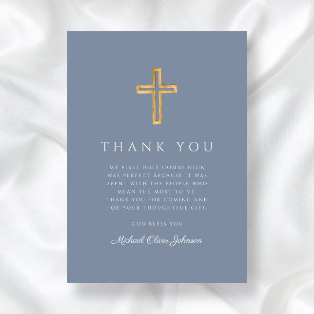 Carte De Remerciements Elégant bleu Dusty Croix religieuse Première commu (Elegant Dusty Blue Religious Cross First Communion Thank You Card)