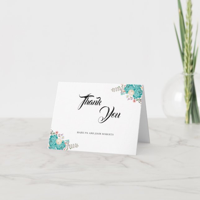 Carte De Remerciements Elégant bleu Fleurs Mariage Floral Aquarelle (Devant)