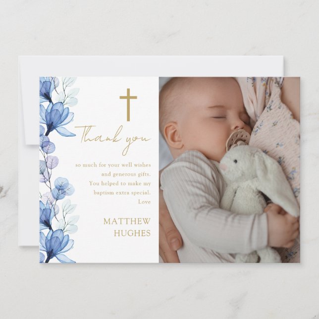 Carte De Remerciements Élégant bleu floral photo Baptême Christening (Devant)