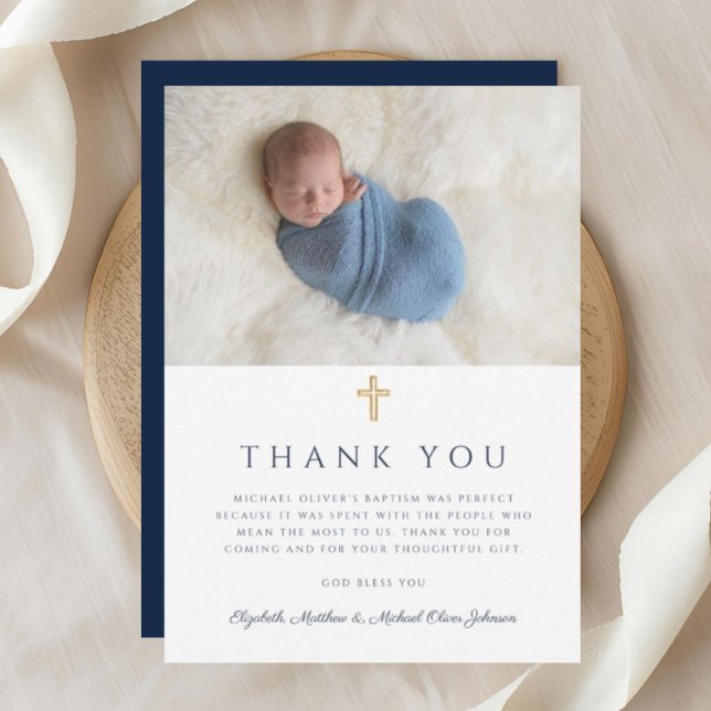 Carte De Remerciements Elégant bleu marine Croix religieuse photo (Elegant Navy Blue Religious Boy Photo Thank You Card)