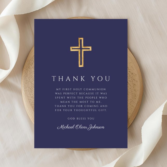 Carte De Remerciements Elégant bleu marine Croix religieuse Première comm (Elegant Navy Blue Religious Cross First Communion Thank You Card)