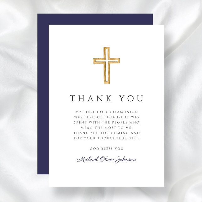 Carte De Remerciements Elégant bleu marine Croix religieuse Première comm (Elegant Navy Blue Religious Cross First Communion Thank You Card)